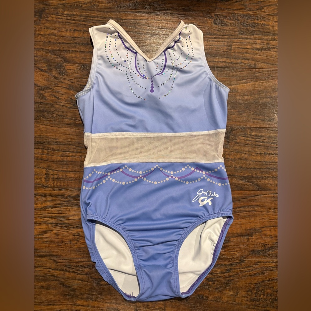 GK Elite Jordan Chiles gymnastics leotard with matching scrunchie.